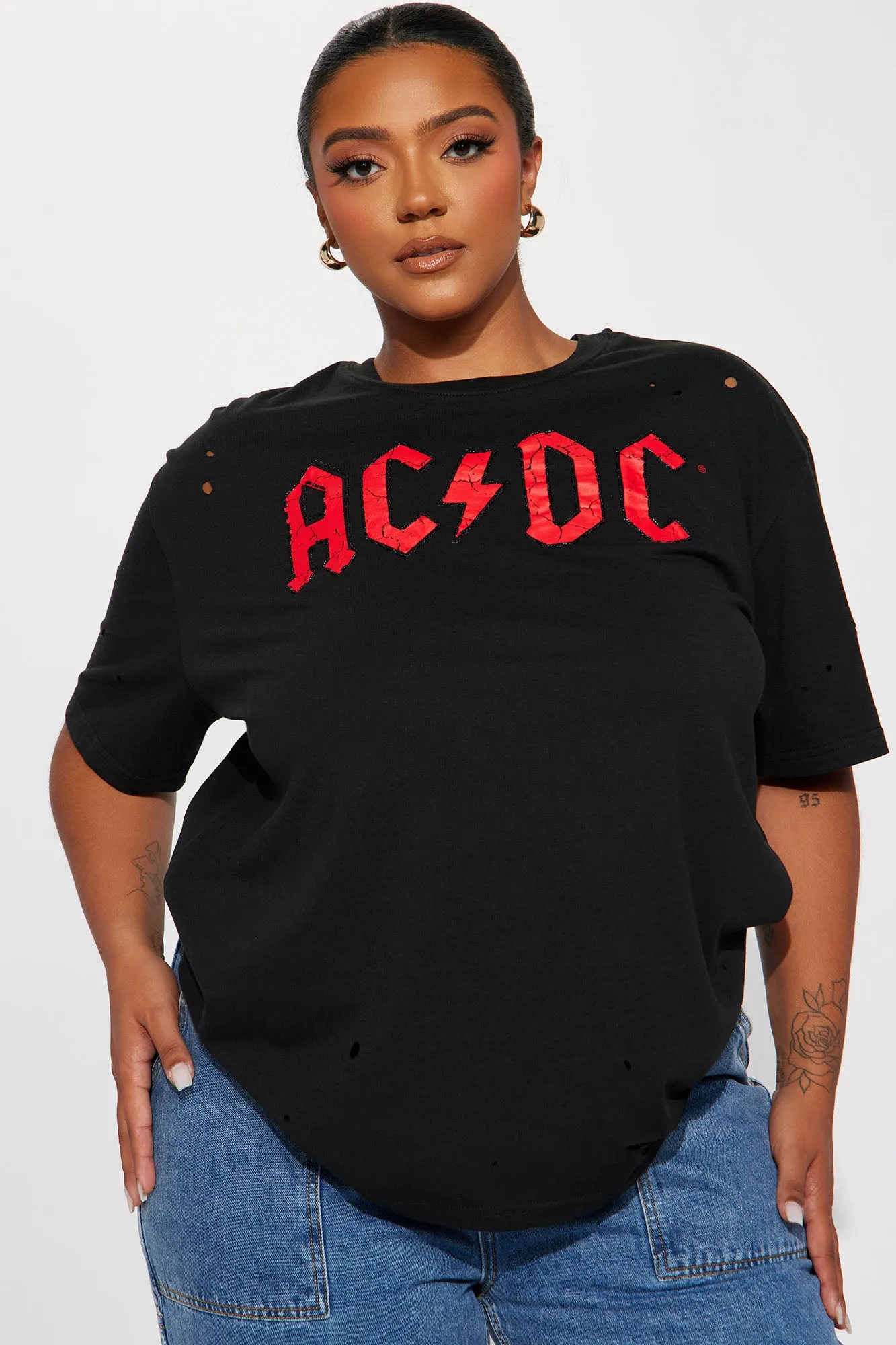 ACDC Beaded and Distressed T-Shirt - Charcoal