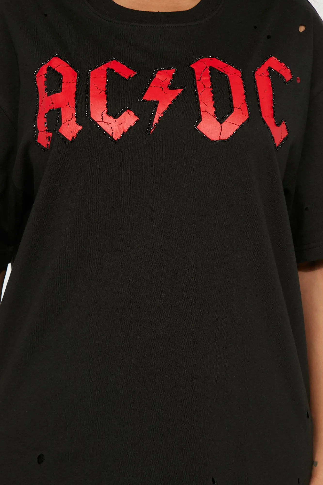 ACDC Beaded and Distressed T-Shirt - Charcoal