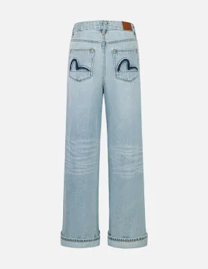 Distressed Seagull Appliqué Fashion Fit Wide-leg Jeans