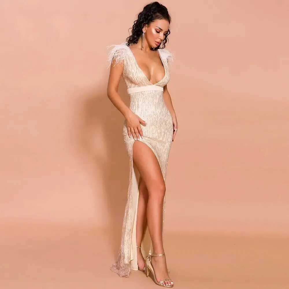 Elegant High-Slit Feather Dress with Glitter Detail
