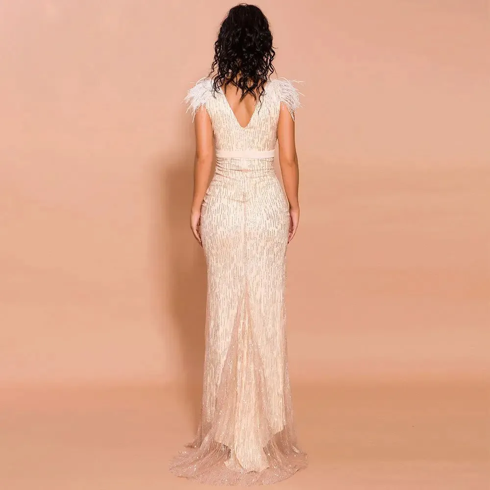 Elegant High-Slit Feather Dress with Glitter Detail
