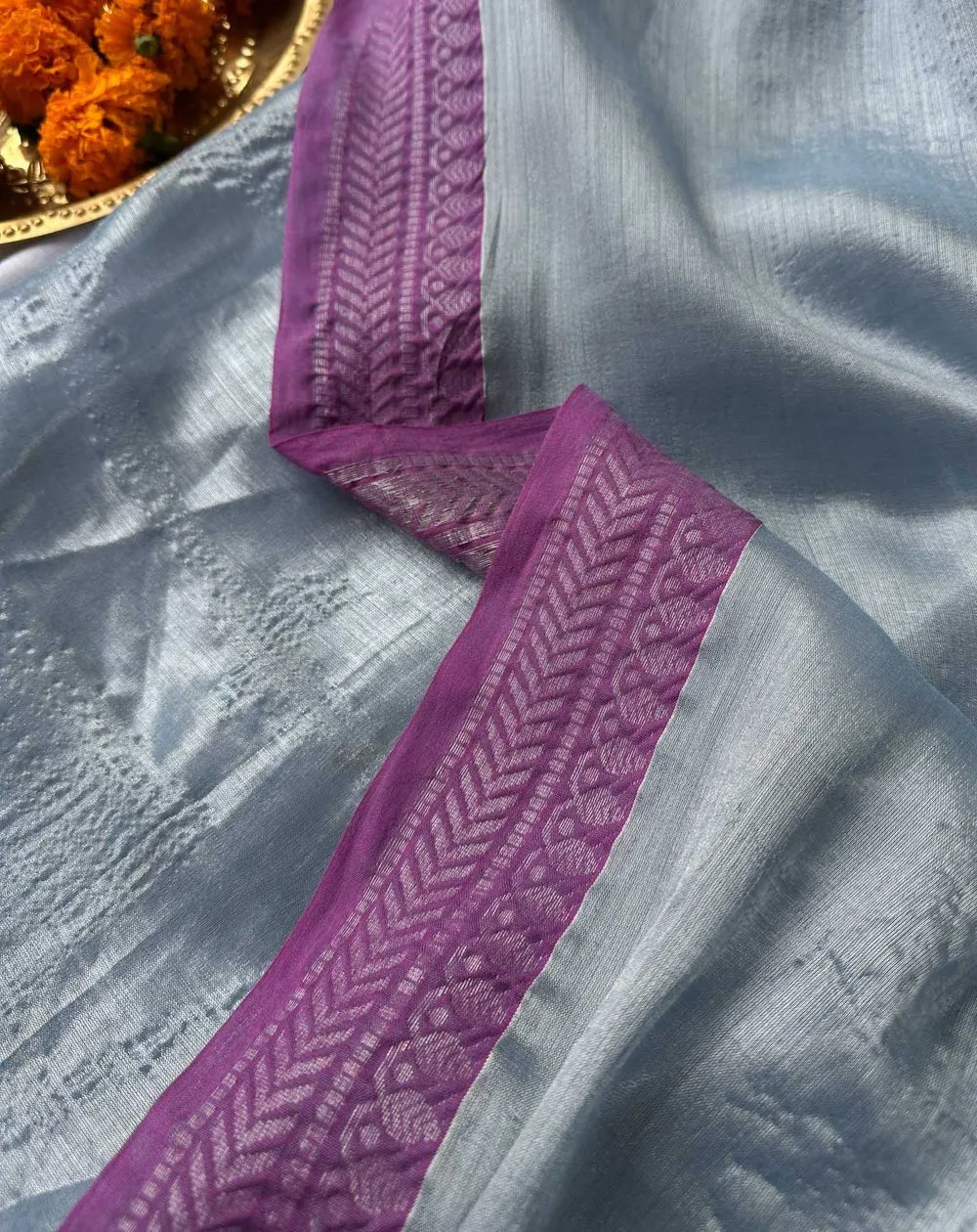 Exquisite Dual-colored Silver Tissue Cotton Saree