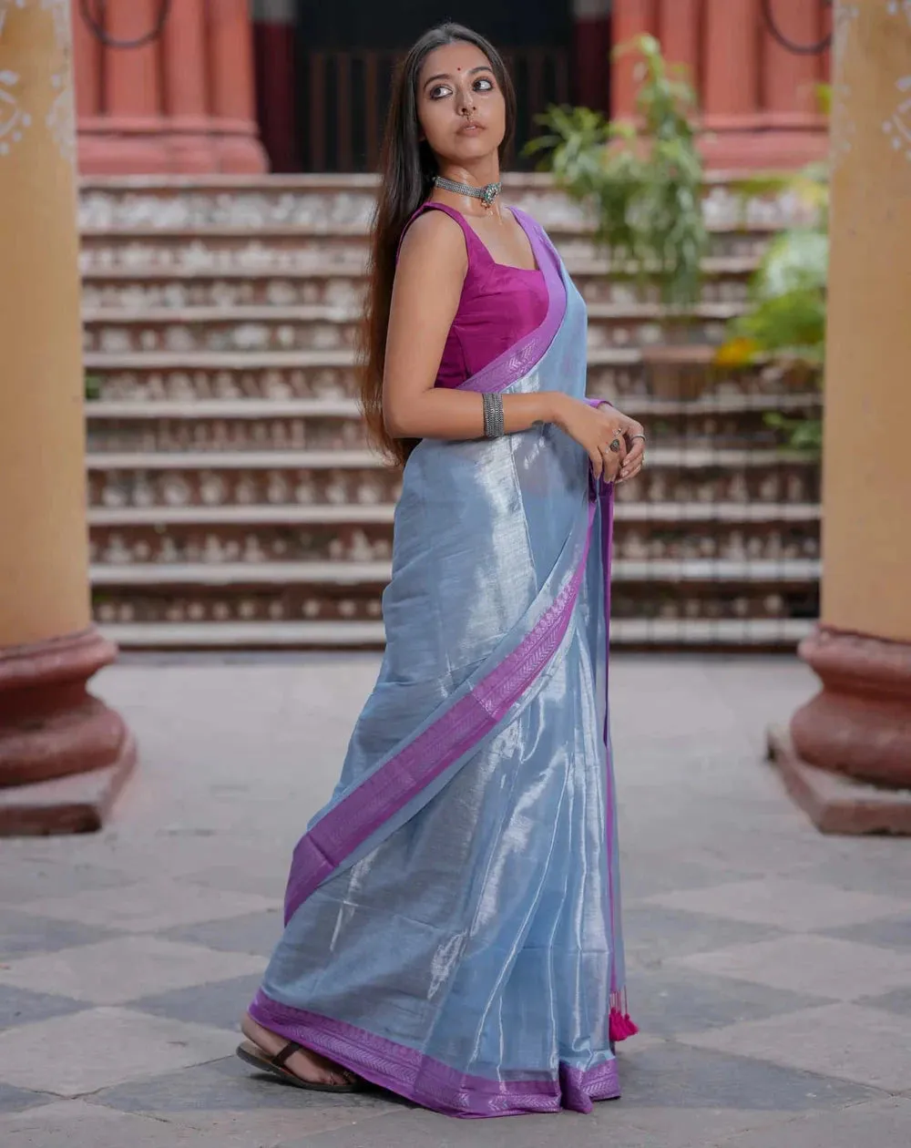 Exquisite Dual-colored Silver Tissue Cotton Saree