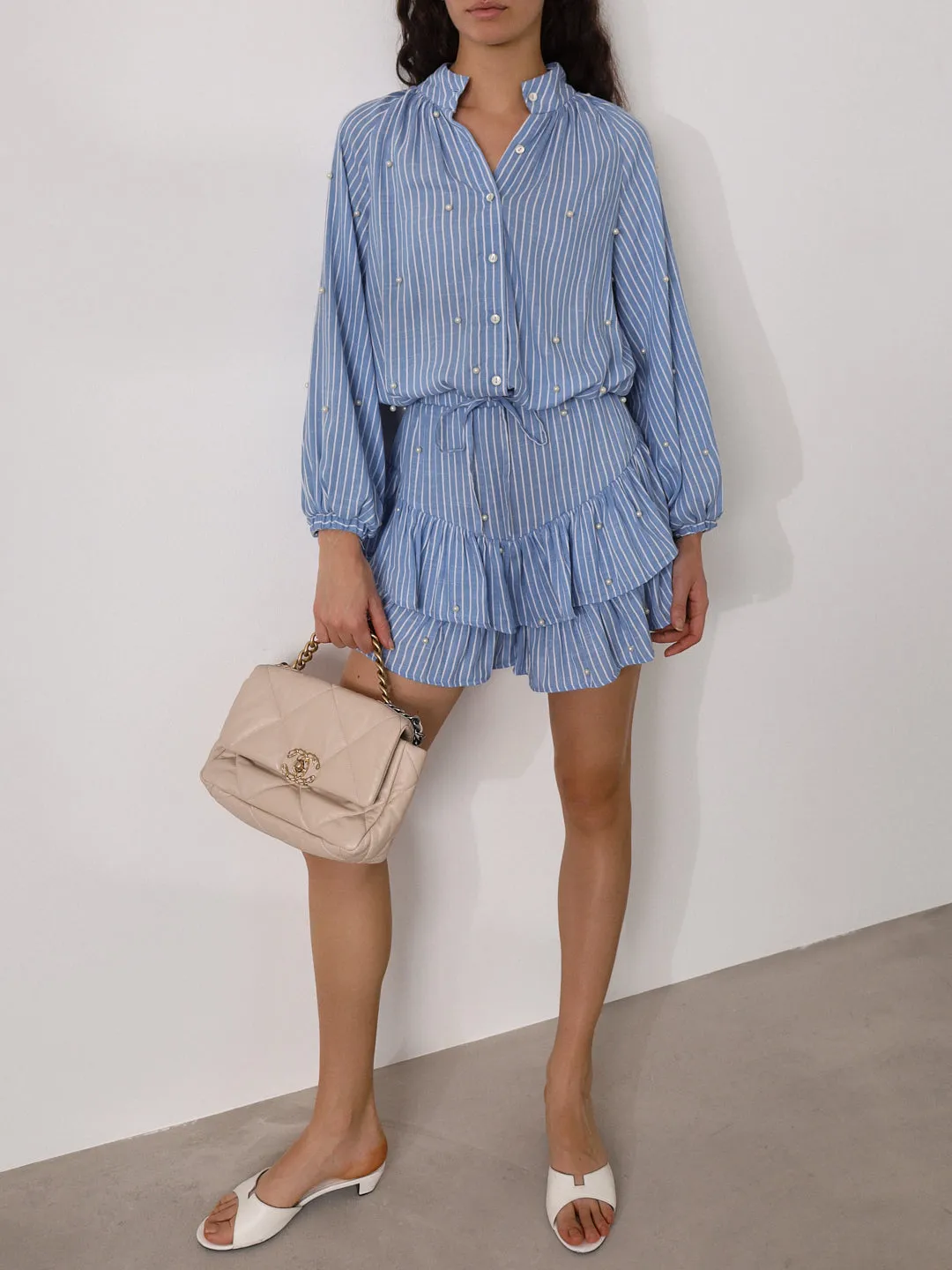 Leysa Stripe Top With Pearls | Blue/White