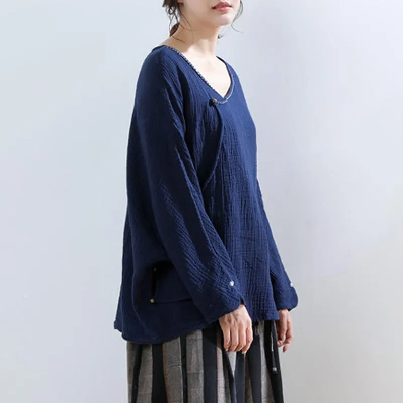 Women Embroidered Casual Button Front Loose Blouse